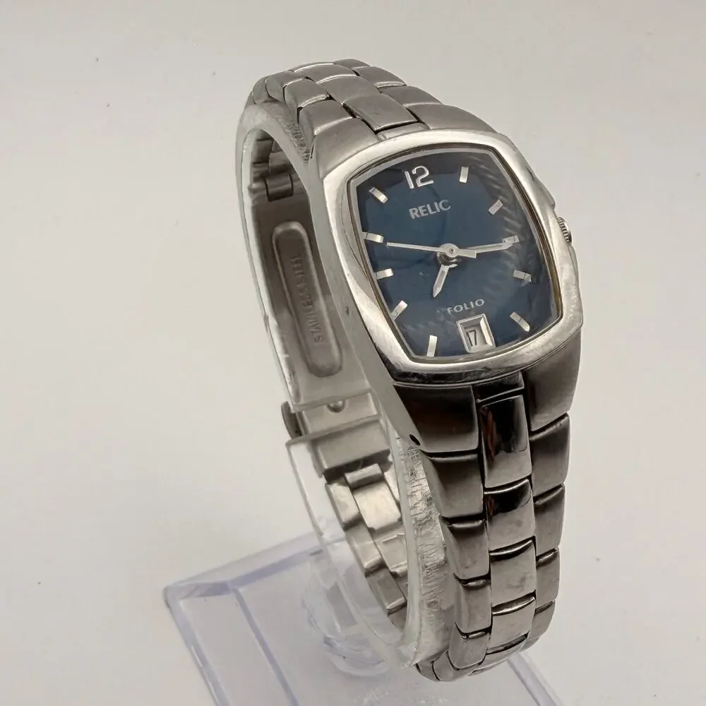 Elegant Relic Folio Quartz Watch Blue Sunray Dial & Stainless Steel New Battery